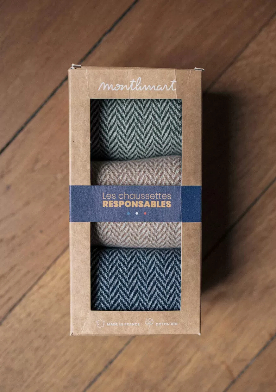 Montlimart Chaussettes<CHAUSSETTES COFFRET CHEVRON Marine/Marron/Kaki